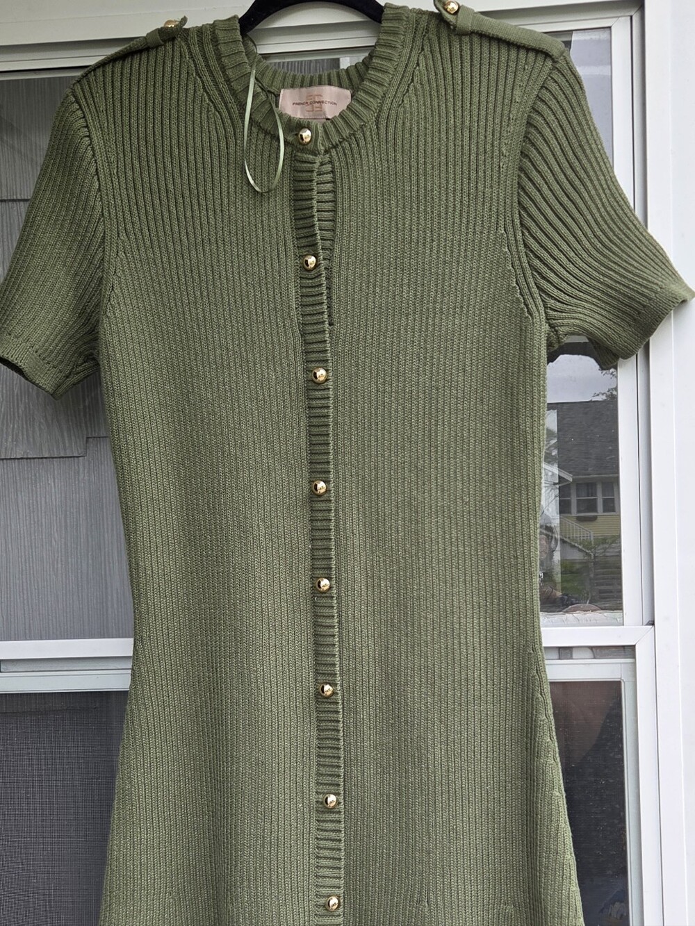 French Connection Olive Ribbed Knit Dress with Gold Buttons – Size L